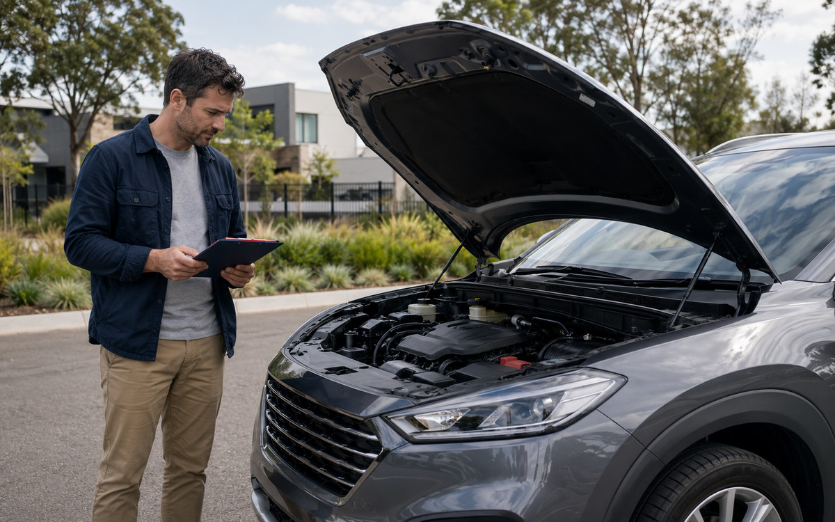 Buyer using a used car buying checklist for NSW while inspecting a vehicle